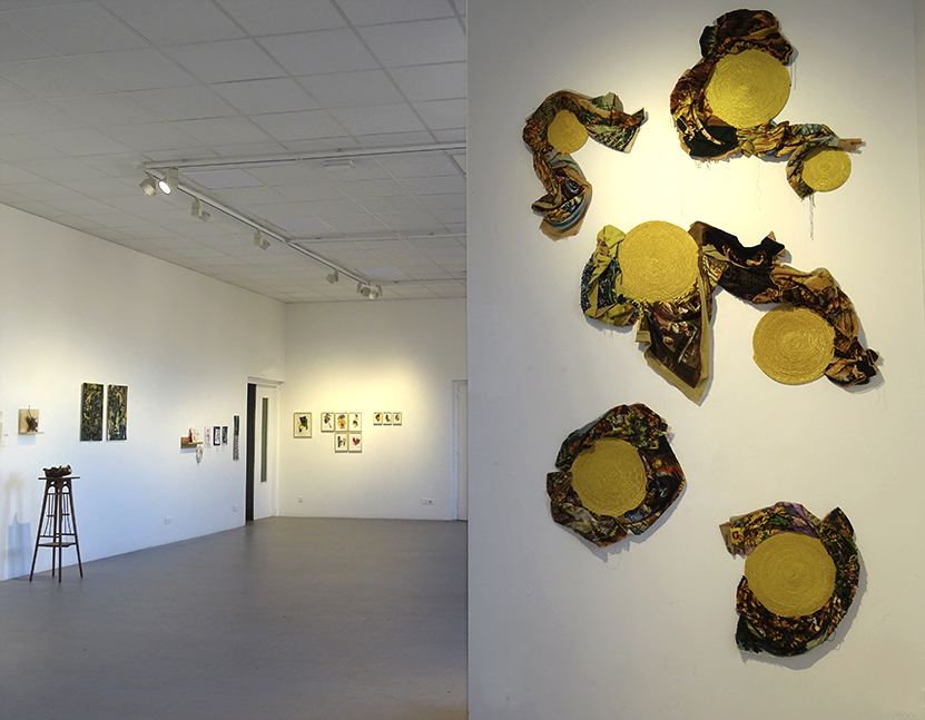 astres d'or, lumière jaune, fils tendus, paille et textile, collector art 